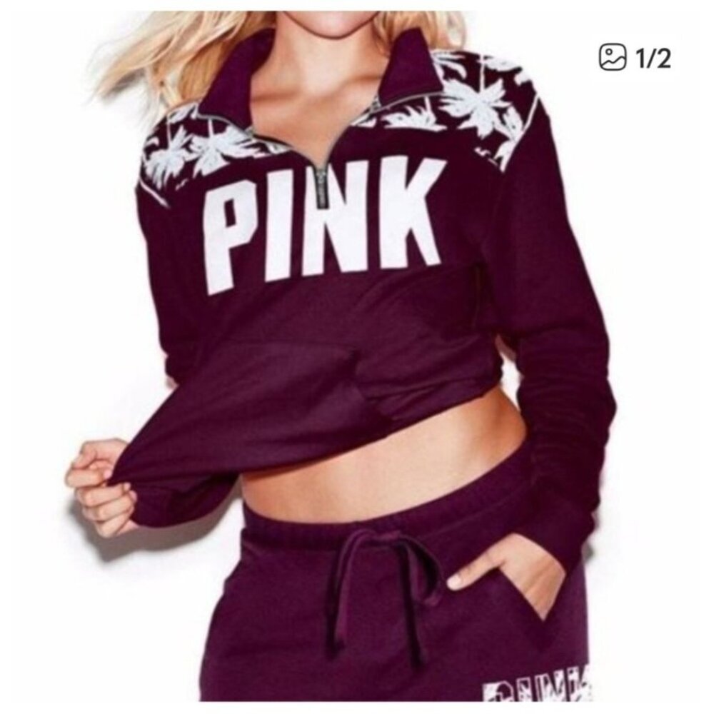Victorias Secret PINK Sweatshirt Lโ Maroon Burgundy Palm Print Half Zip Mockneck